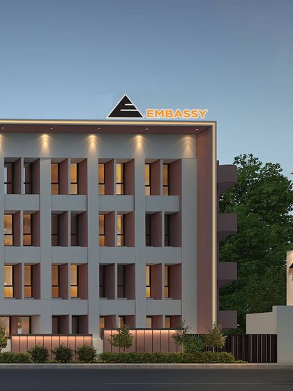 A 3D render showing the corner view of the proposed facade for the Embassy building.