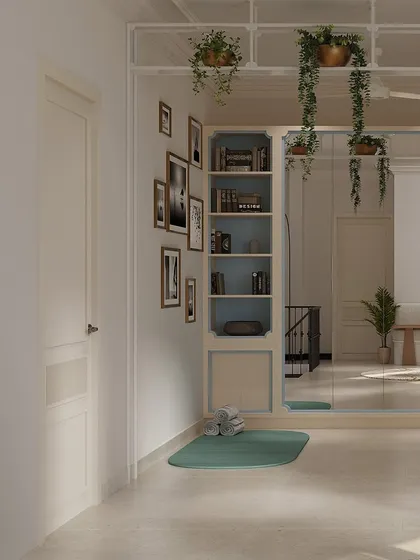 The tea room also functions as a small library and yoga space, with built-in bookshelves and hanging plants that add a touch of nature.