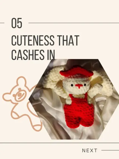 This is the 'Cuteness That Cashes In' character from my '5 Figures in June' series. This little bunny in red overalls is a testament to how cute, handmade items can be a big hit.