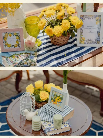 A close-up of tablescapes with lemon-themed stationery, blue and white striped runners, and cheerful yellow flowers, highlighting the cohesive and detailed styling.