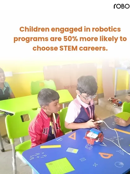 Young students collaborate around a table, working together on a robotics project. This hands-on experience is why children in our programs are more likely to choose future careers in STEM fields.
