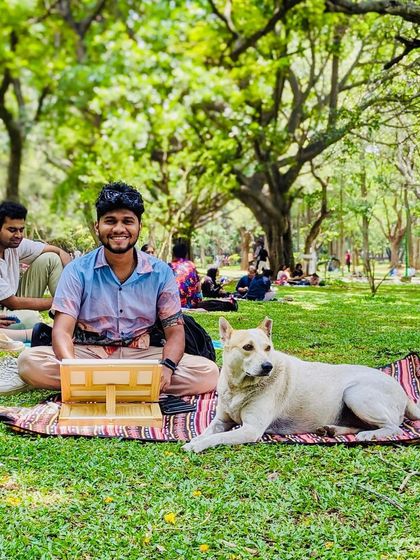 A moment of rest during a painting session at Cubbon Park, with a friendly dog who decided to join me. The park is full of these lovely surprises.