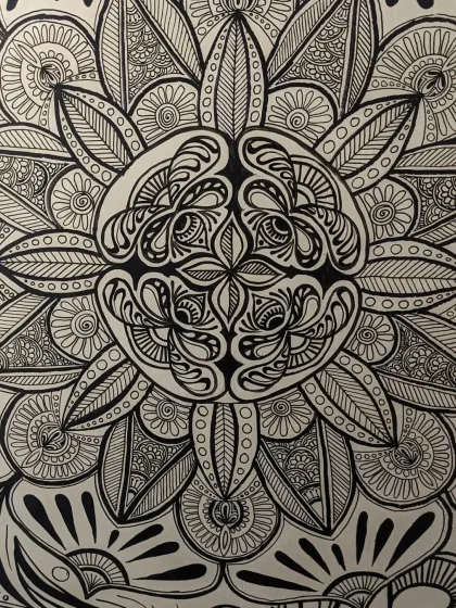 A close-up look at the detailed patterns within one of my finished mandala doodles. Every section is filled with unique, hand-drawn designs that come together to create a symmetrical and balanced piece of wall art.