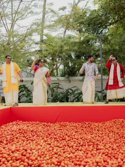 We believe in traditions with a twist. For this Haldi, we brought the spirit of Spain's La Tomatina festival to a classic Indian ceremony, creating a joyous, unforgettable celebration filled with laughter, energy, and a whole lot of tomatoes.