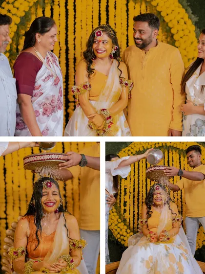 A collage of a bride's Mangalasnanam, showing her surrounded by family during the joyful ritual.