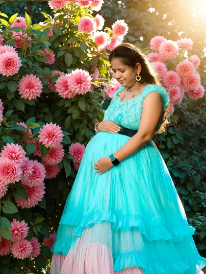 A stunning shot of our two-toned sea-green and pink gown. The vibrant colors look incredible against a backdrop of pink flowers, creating a picture-perfect moment.