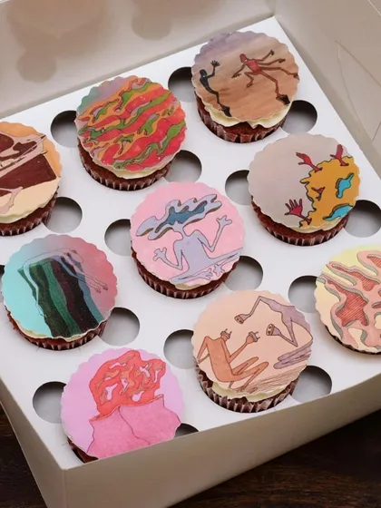 This project was so special. I got to turn a client's friend's original abstract art into a set of completely edible cupcake toppers. Seeing art you know on a cupcake just hits different, and it makes for an incredibly personal gift.
