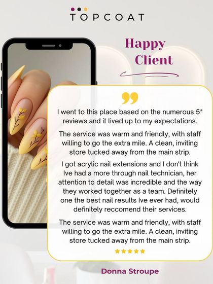 This 5 star review highlights our warm and friendly service, attention to detail, and the incredible results our nail technicians deliver. We are so proud of our team for working together to create the best experience for every client.