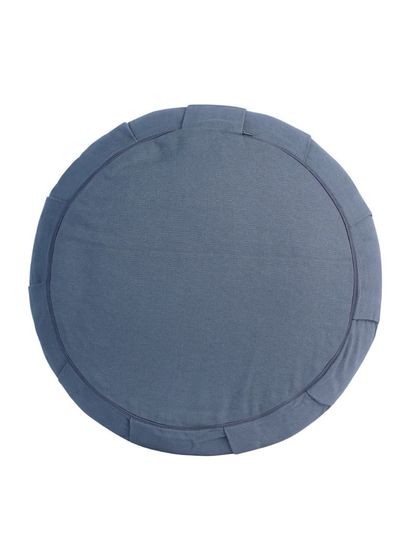 A top-down photograph of the blue-grey yoga cushion. This angle is useful for showing the product's footprint and shape.