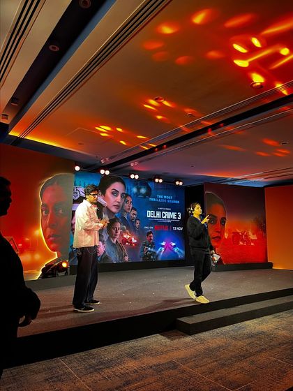 Our team on stage during a rehearsal for the 'Delhi Crime' Season 3 launch. We work with the cast and host to block out the entire press conference.