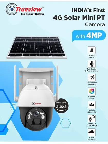 This is the Trueview 4G Solar Mini PT camera, a perfect solution for areas without access to power or Wi-Fi. It runs on solar energy and connects via a 4G SIM card, providing high-quality 4MP surveillance for farms, construction sites, or remote properties.