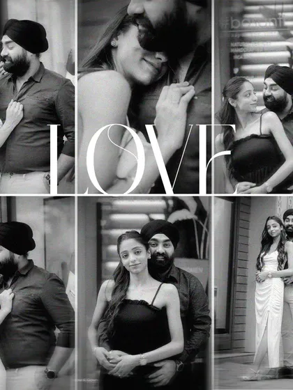 This black and white collage showcases the variety of a single pre-wedding shoot. It features a mix of romantic embraces, looking at the camera, and candid glances, telling a complete love story.