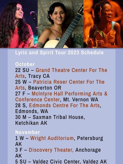 The tour schedule for my 'Lyric and Spirit' tour with two other amazing singers. This project was a beautiful confluence of singing cultures from India, Brazil, and Mozambique.