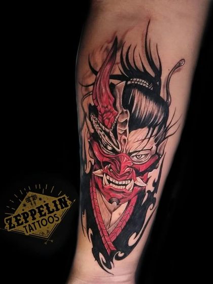 A zombie samurai with a Hannya mask. This piece blends traditional Japanese imagery with a darker, more modern horror aesthetic.