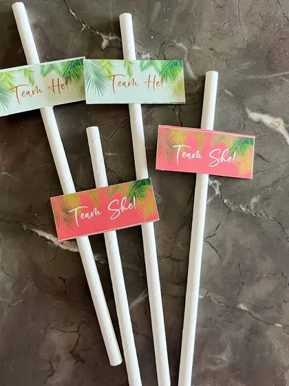 'Team He' or 'Team She'? Custom straw tags for the baby shower's gender reveal game.