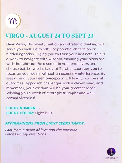 A weekly tarot forecast for Virgo. This week, caution and strategic thinking will serve you well. Be mindful of potential deception or hidden agendas, urging you to trust your instincts. Your wisdom will be your greatest asset.