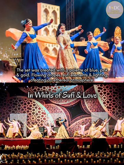 A showcase of our 'In Whirls of Sufi & Love' theme. The set was created with a palette of blue, pink, and gold, featuring flowing drapes, hundreds of candles, and an ethereal lighting design.