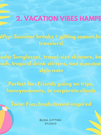 A "Vacation Vibes Hamper" idea for June travelers, with sunglasses, travel-size skincare, and a beach pouch.