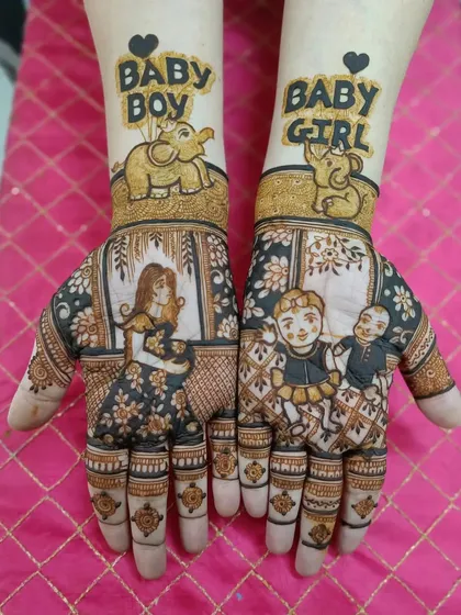 This fun baby shower mehandi has "Baby Boy" and "Baby Girl" themes with cute elephants. The palms depict a mother with her child and a family portrait.
