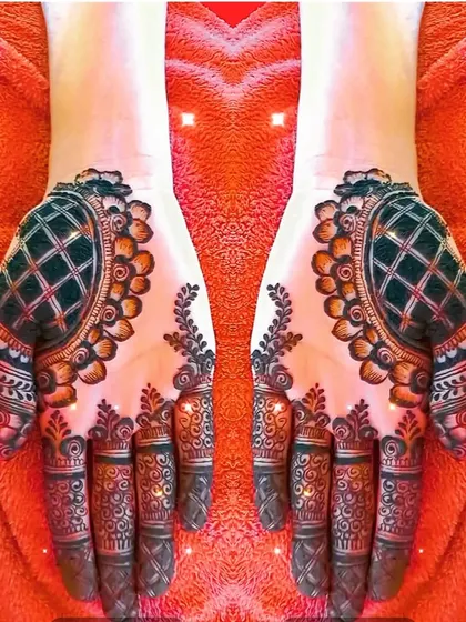 A beautiful back-hand design with a large, bold 'jaal' or net pattern. This is a very modern and eye-catching style.