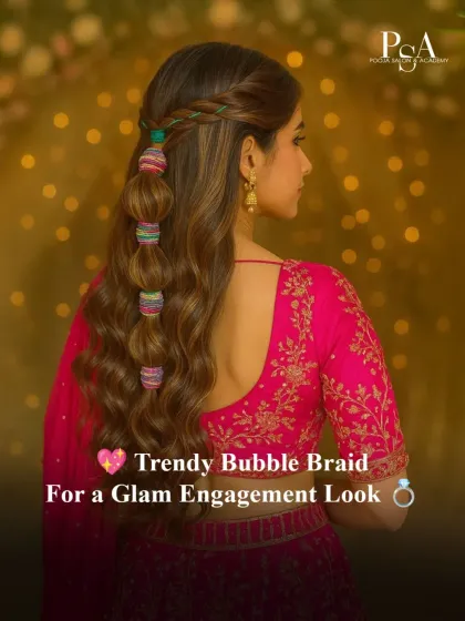 I always keep up with the latest trends for my clients. This trendy bubble braid, woven with colorful threads, is a playful yet glamorous look for an engagement or mehendi function, adding a unique touch to the celebration.