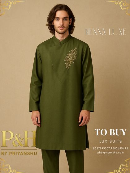 A portrait shot of the oversized green kurta, highlighting its modern, relaxed fit and artisanal embroidery.