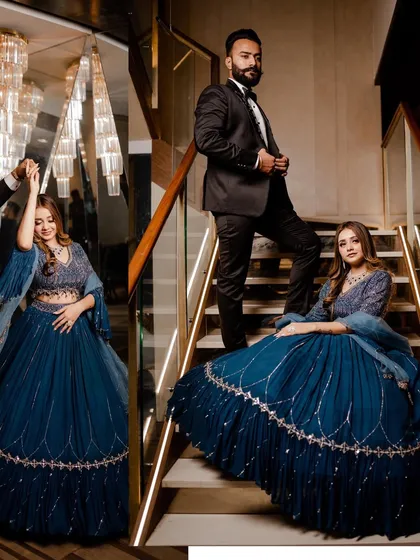 A collage showcasing the bride's stunning blue gown and the grand staircase at their cocktail party venue. A mix of playful and poised shots.