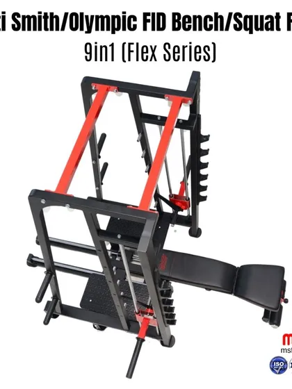 An overhead view of the 9-in-1 Multi Smith machine, showing its compact footprint and the variety of stations integrated into one unit.