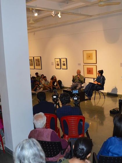 A packed house for the conversation between Gulammohammed Sheikh and curator Pushpamala N. Hosting artist talks and discussions is a key part of making these retrospectives accessible and engaging.