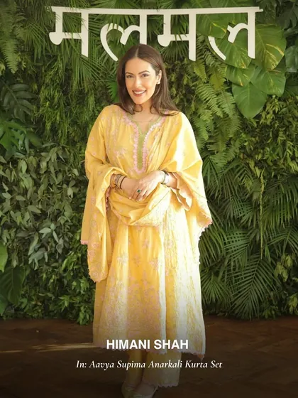 Himani Shah looking lovely in the Aavya Supima Anarkali Kurta Set. This yellow anarkali is a classic festive favorite.