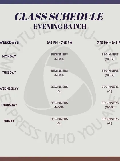 Our evening schedule, detailing the mix of No-Gi and Gi classes available for beginners throughout the week.