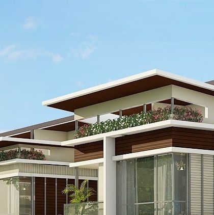 A closer view of the Hennur row houses, detailing the balcony designs with glass railings and integrated planters.