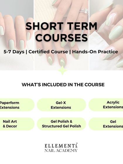 Unlock your potential with our 5-7 day short-term certified courses. We offer hands-on practice in Paperform, Gel-X, Acrylic Extensions, Nail Art, and Structured Gel Polish.