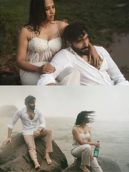 Two moments from Gokul and Vandana's dramatic waterfall shoot. These images showcase the raw, windswept beauty of the location and the couple's connection within it.
