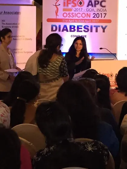 I am seen here presenting my research paper at the OSSICON 2017 'Diabesity' Conclave. My work focused on the comparative nutritional outcomes of different bariatric procedures, ensuring my guidance is always based on the latest evidence.