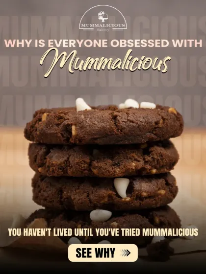 Why is everyone obsessed with Mummalicious? This graphic highlights our commitment to freshness, quality, and baking with love, featuring our delicious chocolate cookies.