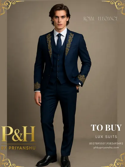 The complete royal blue three-piece suit, exuding an aura of sophistication and global elegance.