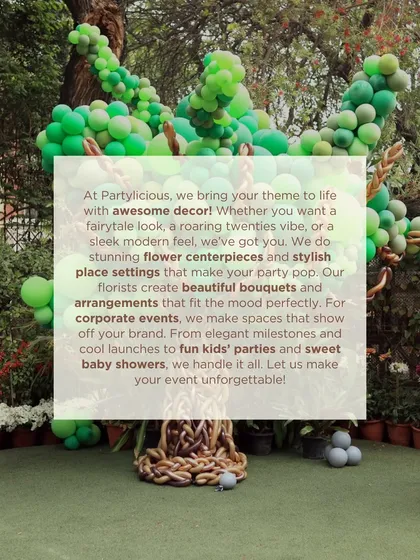 This graphic explains our process: we bring your theme to life with awesome decor, whether it's a fairytale look or a sleek modern feel. We handle everything from floral centerpieces to kids' parties and corporate events.