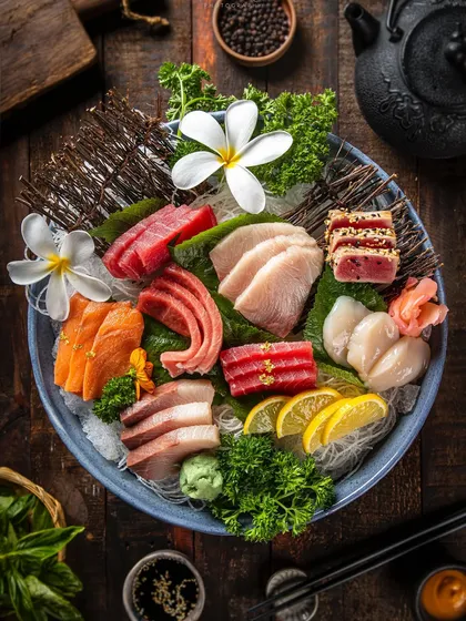 An elaborate sashimi and raw fish platter, styled and photographed for Hahn’s Kitchen. The composition and lighting are carefully controlled to bring out the fresh colors and delicate textures of the seafood, ideal for a fine-dining Asian menu.