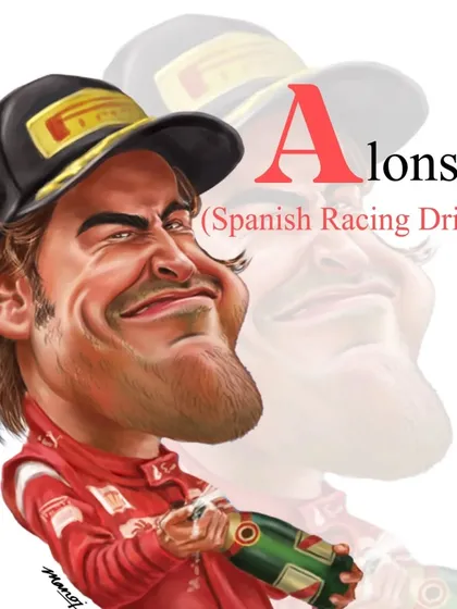 A caricature of Spanish racing driver Fernando Alonso, celebrating a victory.