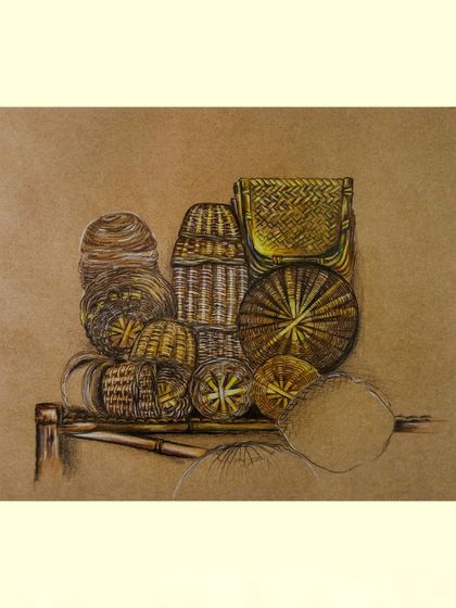 A still life study of woven bamboo baskets, rendered in colored pencil on a brown sheet. I focused on capturing the intricate weaving patterns and the interplay of light on different textures.