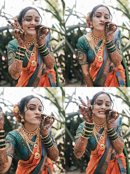 A fun and playful collage of the bride making cute faces, showing her personality and joy on her wedding day.