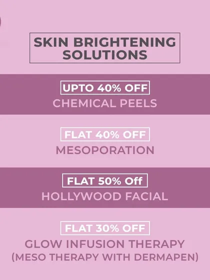 Explore our skin brightening solutions at the Festive Glow Camp. We are offering discounts on Chemical Peels, Mesoporation, Hollywood Facials, and Glow Infusion Therapy.