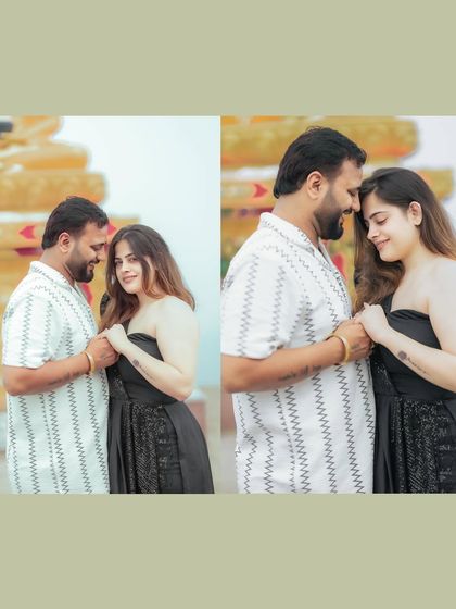 A tender moment between the couple, captured during their destination pre-wedding shoot. The focus is on their connection, with a beautiful, serene background.