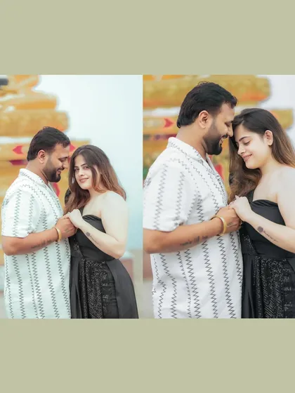 A tender moment between the couple, captured during their destination pre-wedding shoot. The focus is on their connection, with a beautiful, serene background.