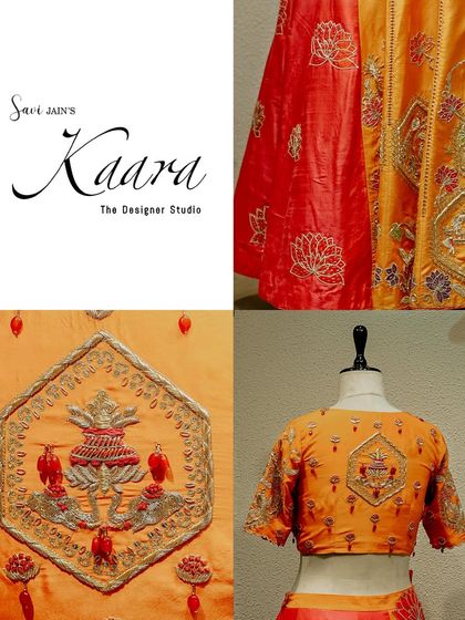 A collage detailing the craftsmanship of our lotus lehenga. You can see the intricate embroidery of the kalash motif on the back of the blouse and the delicate lotus patterns on the skirt, all done by hand.