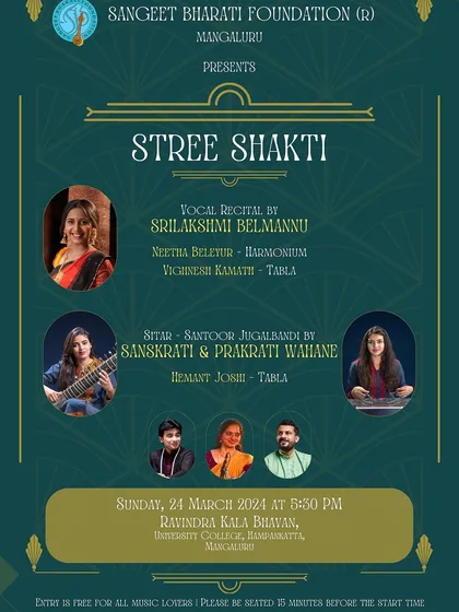 A poster from my 'Stree Shakti' vocal recital in Mangaluru. It's always a privilege to be presented by foundations like Sangeet Bharti and to share the stage with other wonderful artists.