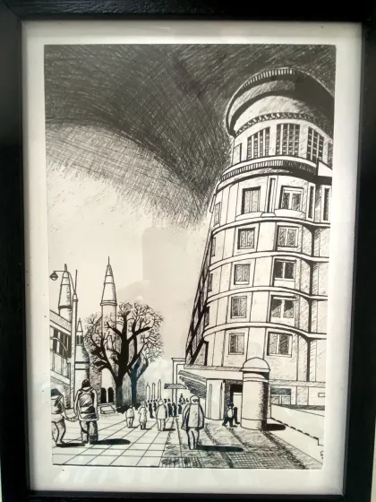 An intricate architectural sketch of a city street, created by a student in our sketching course. The line work and perspective are fantastic.