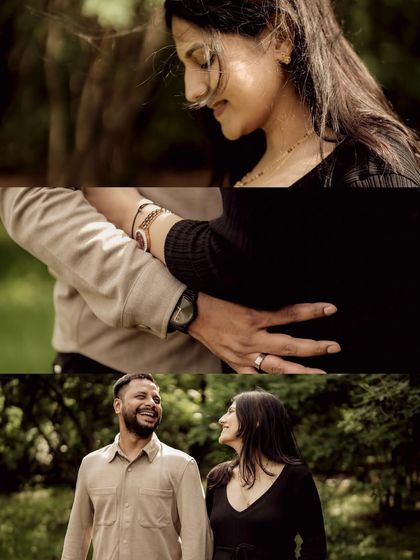 A collage of warm, monochrome images from a forest shoot. It combines a solo portrait, a close-up on their embrace, and a happy walking shot to tell a complete story.