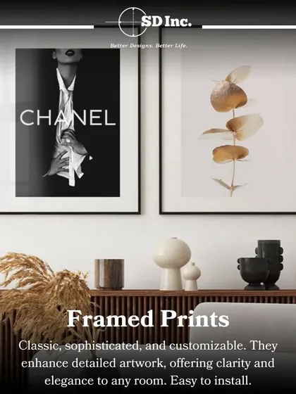 A guide to choosing the right wall art. This image explains the benefits of framed prints, which offer a classic, sophisticated, and customizable way to display artwork.
